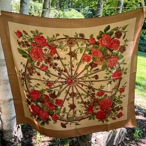 Vintage Brown Pink Floral Silk Scarf